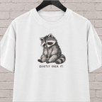 Quietly Over It raccoon graphic T-shirt featuring a tired raccoon, a low social battery shirt for socially drained people and introvert humor fans.