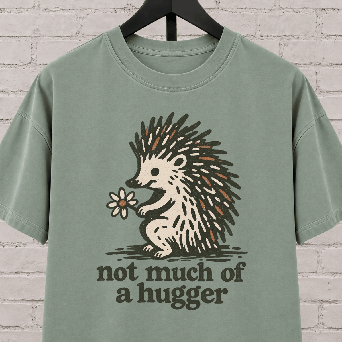 Not Much of a Hugger hedgehog T-shirt featuring a hedgehog holding a flower, an introvert personal space graphic tee.