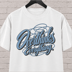 Overthinks Everything graphic T-shirt featuring layered script lettering, an overthinker shirt for people who replay conversations and overanalyze everything.