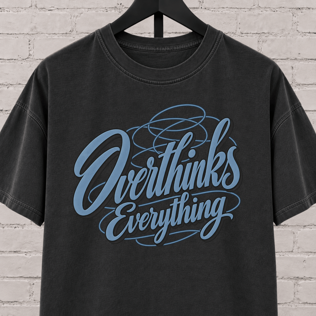 Overthinks Everything graphic T-shirt featuring layered script lettering, an overthinker shirt for people who replay conversations and overanalyze everything.