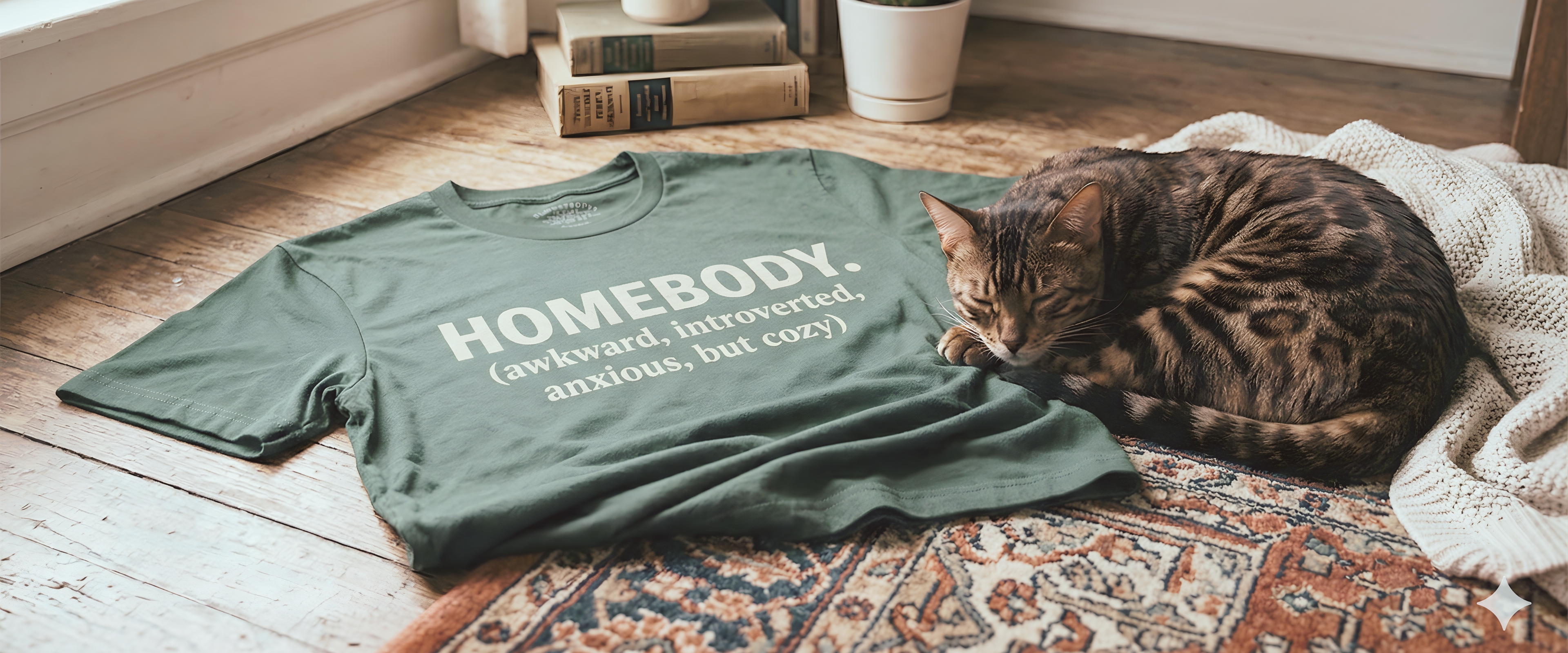 Homebody graphic tee on a wood floor beside a curled up Bengal cat, graphic apparel for introverts, homebodies, and the quietly exhausted