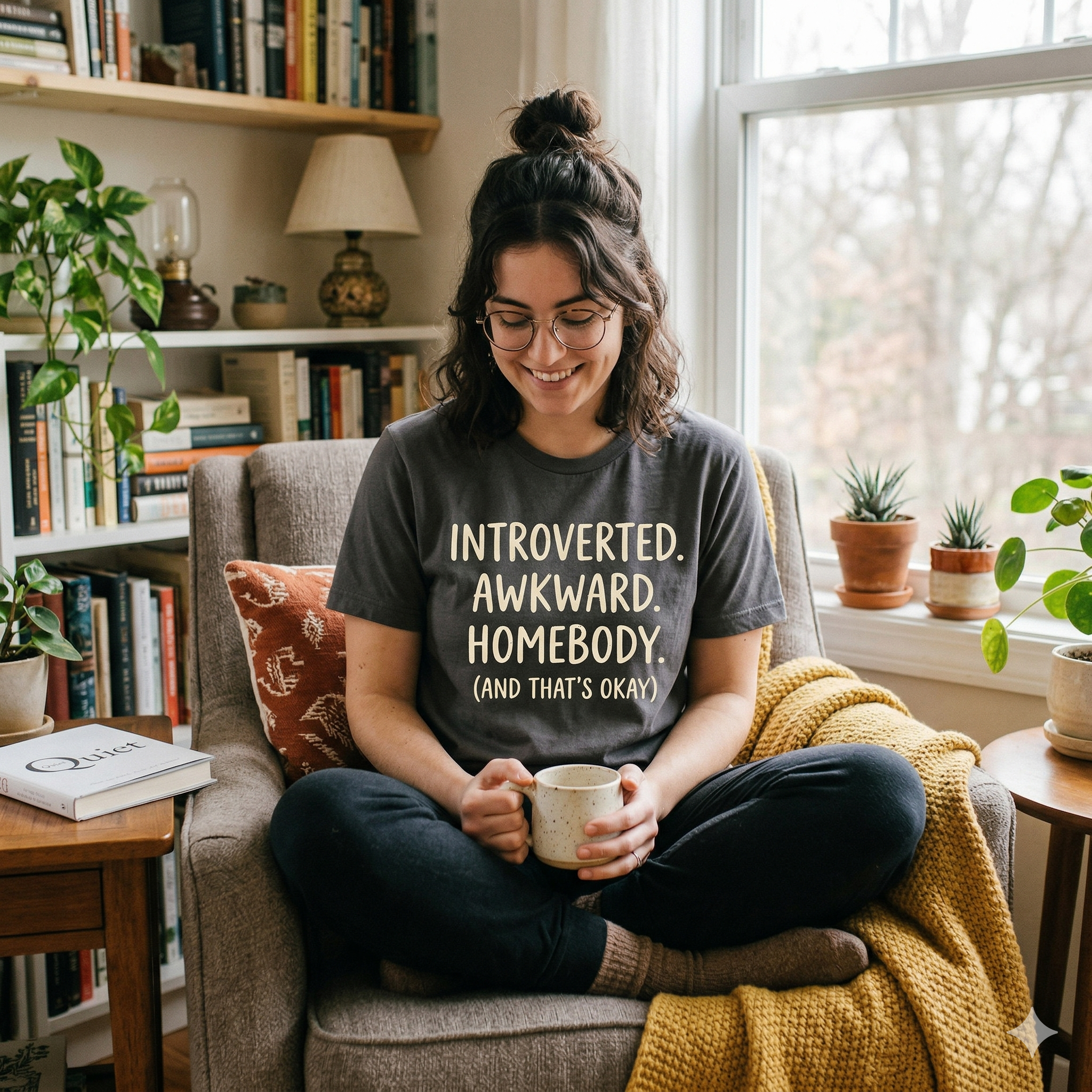 A woman with glasses smiling and holding a mug while sitting cross-legged in a cozy, book-filled armchair. She is wearing a gray t-shirt with text that reads: INTROVERTED. AWKWARD. HOMEBODY. (AND THAT'S OKAY).